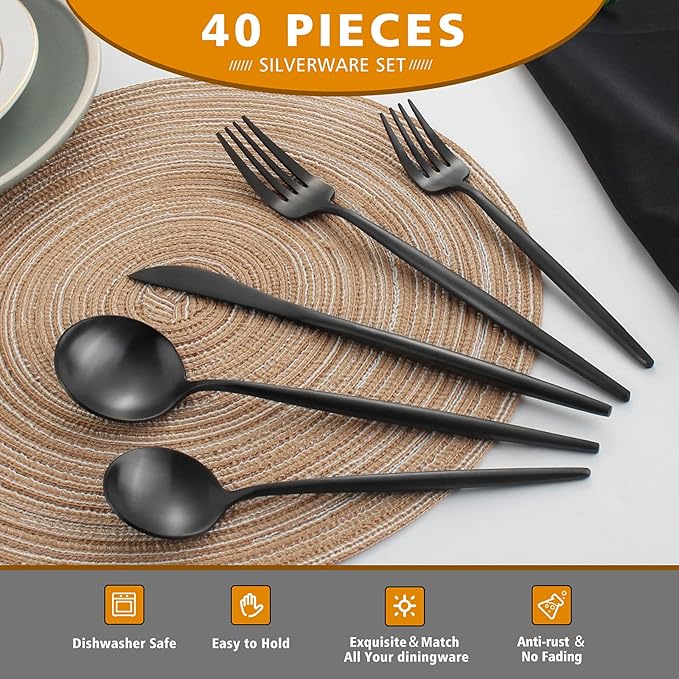 Matte Black Silverware Set, Oliviola 40-Piece Stainless Steel Flatware Cutlery Set Service for 8, Satin Finish Kitchen Utensil Set, Dishwasher Safe