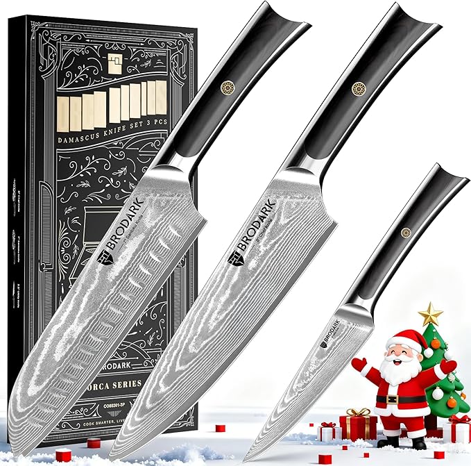 BRODARK Damascus Chef Knife 3 PCS, VG10 Steel Full Tang Sharp Professional Japanese Chef Knife Set for Kitchen, Christmas, Ergonomic Pakkawood Handle Damascus Knife Set with Gift Box