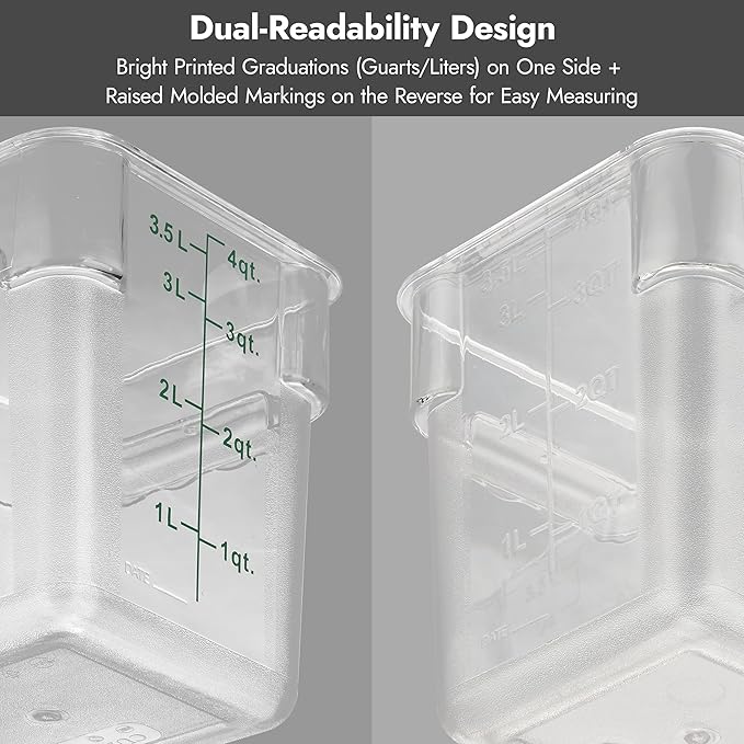 CURTA 4 Pack Food Storage Container with Red Lid - NSF Commercial Grade in 6.0 Qt - Square, Clear, Polycarbonate
