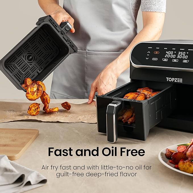 Topzee 8QT Dual Basket Air Fryer – Large 8-Quart Air Fryer with Independent Temperature Control, 8 Preset Functions, Match & Finish Together Mode, Clear Viewing Windows, Black