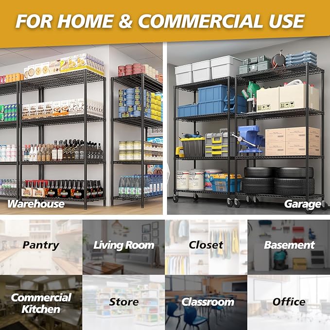 2500LBS Metal Storage Shelves 55"W Wire Shelving Unit with Wheels 4-Tier Wire Shelving Rack Commercial Adjustable Garage Shelving Heavy Duty Storage Rack for Pantry, Kitchen (4-Tier, 55''x24''x76")