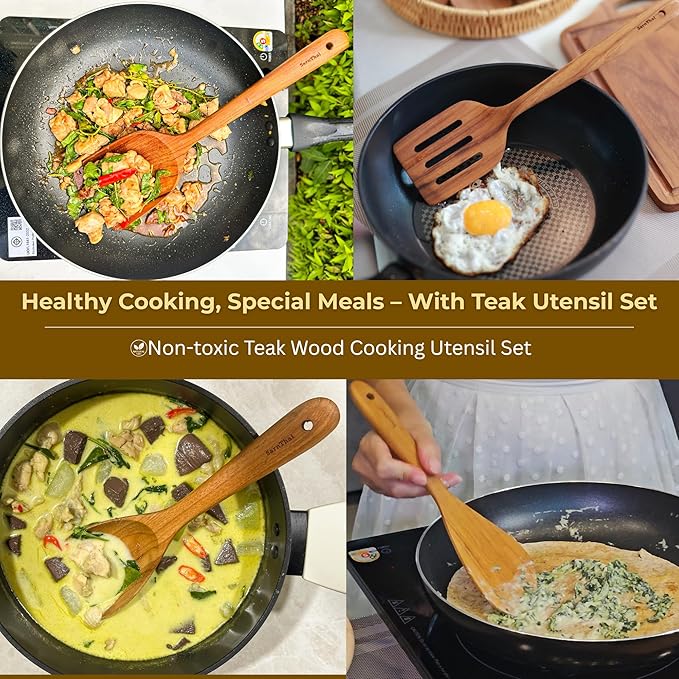 SarnThai Premium Teak Kitchen Utensil Set – 4-Piece Handmade Wooden Spatulas & Spoon for Cooking, Natural Teak Wood Tools Safe for Nonstick Pans, Eco-Friendly Thai Handmade Utensil Set