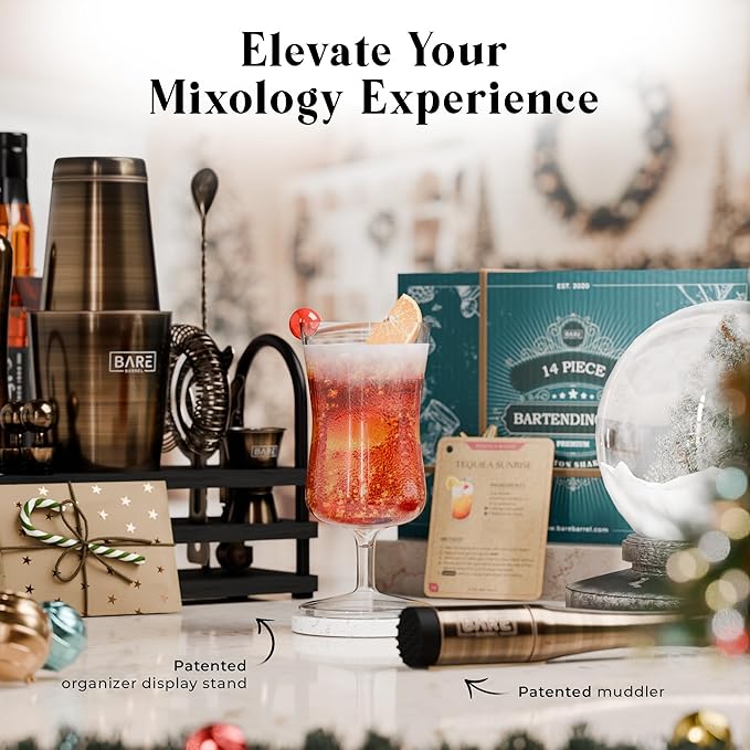 BARE BARREL® Mixology Bartender Kit Bar Set | 14-Piece Cocktail Shaker Set | Martini Barware Mixing Tools for Home Bartending | 35 Recipe Cards | Gift Set (28oz Boston Shaker, Brass/Black)