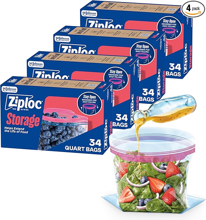 Ziploc Quart Food Storage Bags, Stand-Up Bottom, Easy to Fill, 136 Count (Packaging May Vary)