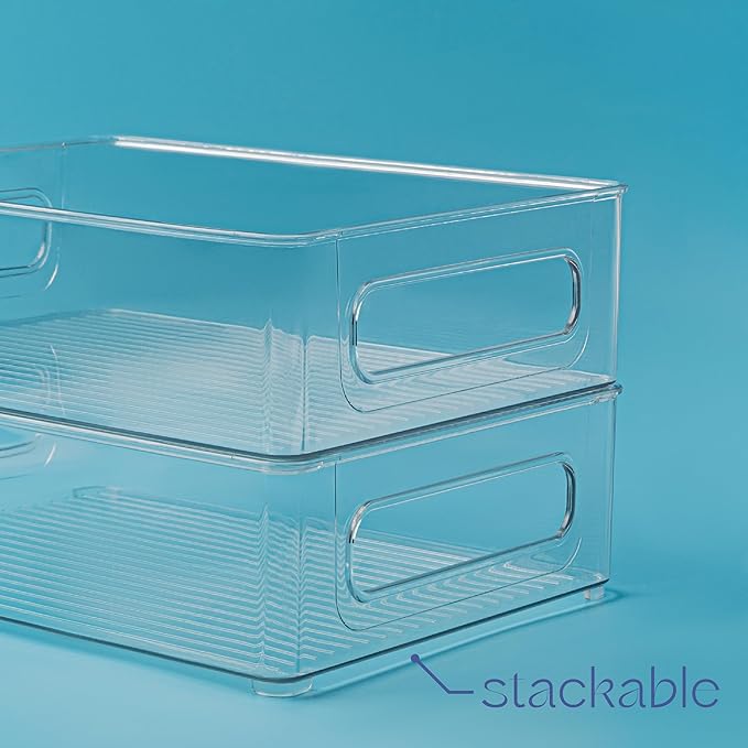 primebox Plastic Food Storage 4 Pack Clear Container Bin with Handles for Organizing Kitchen, Pantry, Refrigerator, Freezer, Pantry, Cabinet, Closet, Bathroom. Stackable 10”x8”x3”