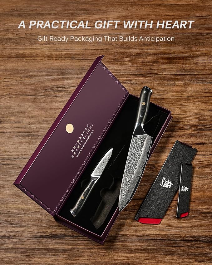 KYOKU Knife Set, Shogun Series 2pc Japanese Style Kitchen Knife Set, 8" Chef 3.6" Paring Knife with Sheath Gift Box, Professional Sharp Damascus Stainless Steel Knives for Meat Vegetable Fruit
