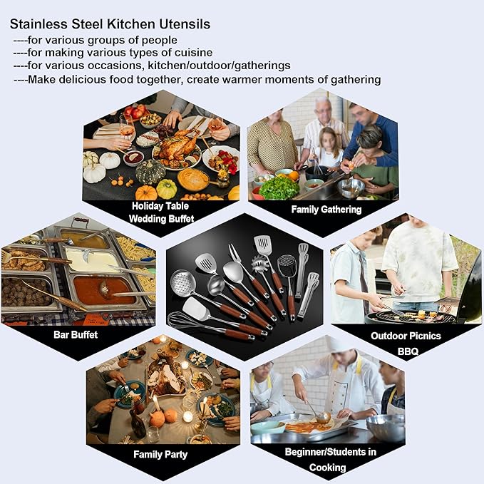 Kitchen Utensils Set Stainless Steel with Wooden Handle,Metal Cooking Utensils Set 12 PCS,Spatulas,Ladle,Skimmer,Tunners,Spaghetti Spoon,Fork,Potato Masher,Egg Whisk,Tongs