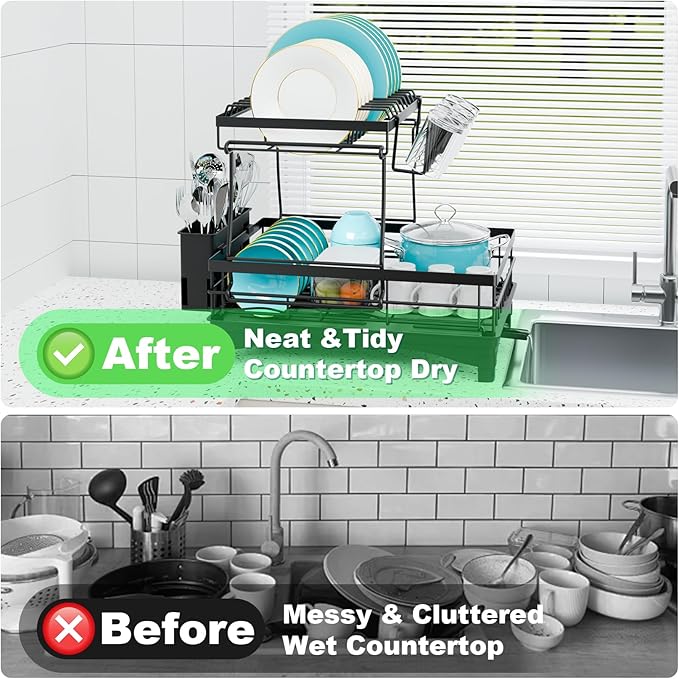 Dish Drying Rack 2-Tier, Large Dish Drying Rack for Kitchen Counter, Double Rustproof & Auto-Drain Multifunctional Organizer with Removable Utensil Holder, Cup Holder, for Plates, Cups, Knife fork