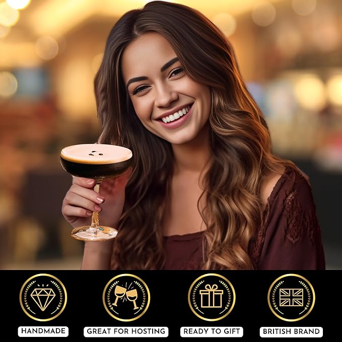 VEMACITY - Elegant Espresso Martini Glasses Set of 4 (10oz) - Classic Coupe Glasses for Martinis, Champagne, Margaritas | Handblown Crystal Cocktail Glassware | Ideal for Christmas & New Years