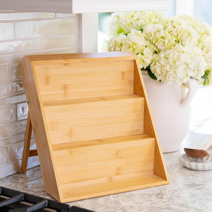 Extra Sturdy 3-Tier Bamboo Spice Rack – 12" W x 10" D x 13" H – Foldable Non-Slip Wooden Spice Organizer for Countertop and Cabinet – Includes Labels, Funnel & Hooks – Spice Jars NOT Included
