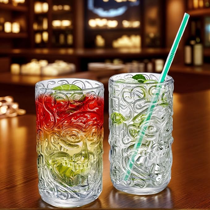 6-Pack 14.5oz Clear Tiki Glasses Cups for Cocktails Glass Drinking Set Crystal Glass Tumbler - for Water, Juice, Beer, Cocktails, Mojito, Wine and Whiskey, Bar Glassware