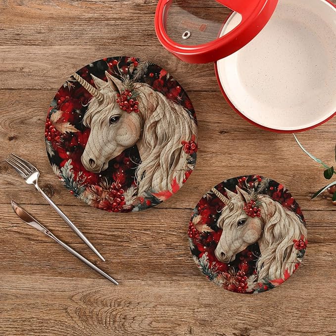 Unicorns Christmas Berries Kitchen Trivets Pot Holders Set of 2, Trivets for Hot Pots Dishes Woven Trivet Coaster Pad Mat for Counter