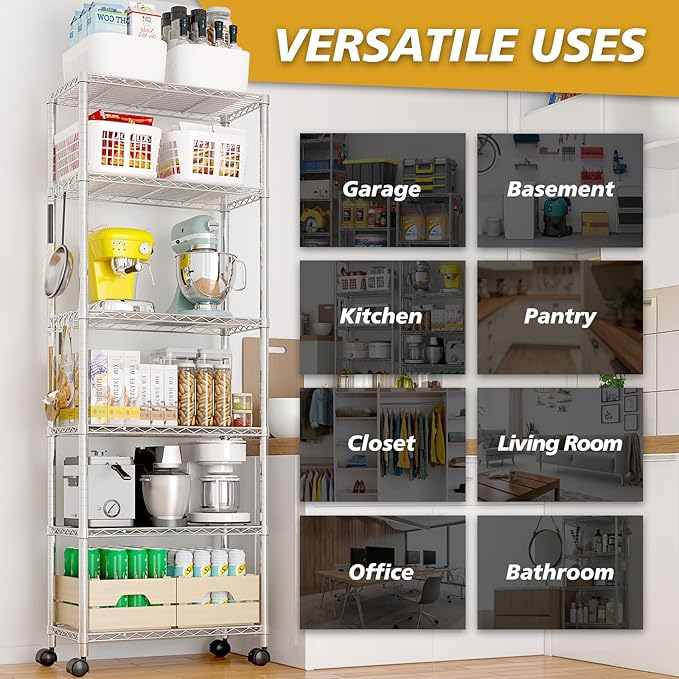 Karl home 6-Tier Storage Shelving with 1.5" Wheels,Adjustable NSF Metal Shelves Wire Storage Rack for Garage Kitchen Basement,1020LBS Capacity 72.83" H X 23.6" W X 13.78" D,Stainless S Hooks,Silver