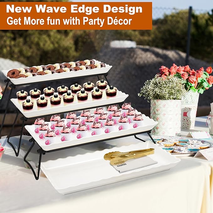 KAQAHIDO Extra Large 4 Tier Serving Tray Set, 34x22x10 inch Wave Edge Melamine Dessert Table Display Set, Tiered Trays Stand for Party Buffet Entertaining, Black and White