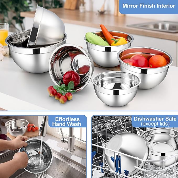 LIANYU 6 PCS Stainless Steel Mixing Bowls with Lids Set, Large Size 7, 3.5, 2.5, 2, 1.5, 1QT, Kitchen Nesting Metal Bowl Sets, Ideal for Baking Cooking Serving Food Storage, Dishwasher Safe, Black