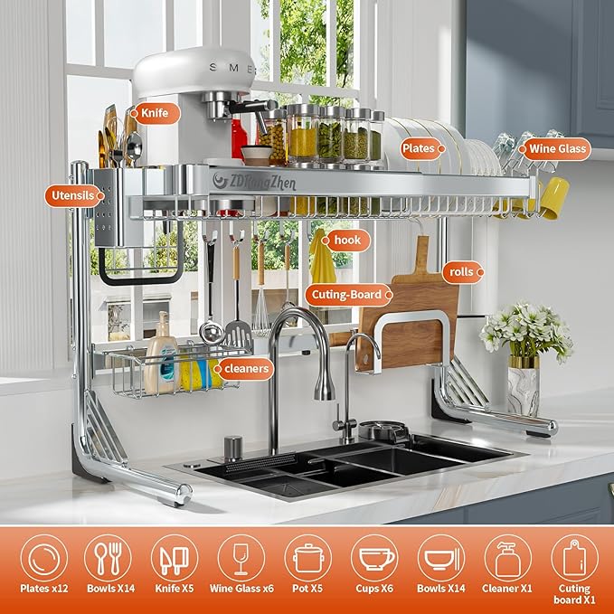 ZDRongZhen Over The Sink Dish Drying Rack,2 tier Full 304 Stainless Steel dish drainer rack,Adjustable Length (22.8''~35.04'') Kitchen Storage Counter With Cup Hanging Set and Hooks (Silver-2Tier)