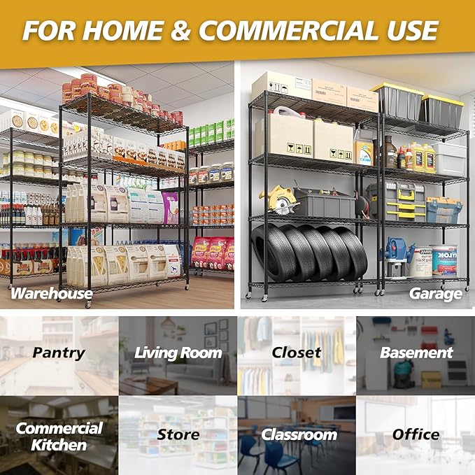 Karl home 4-Tier Storage Shelving with 2" Wheels, Adjustable Metal Shelves Wire Storage Rack for Garage Kitchen Basement,800LBS Capacity 64.96" H X 46.06" W X 17.7" D,Black