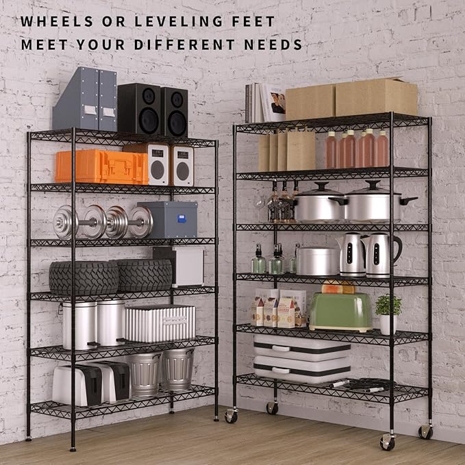 6-Tier Storage Shelves 48" x 18" x 82" Heavy Duty Metal Shelving Unit 2100Lb Capacity Adjustable Storage Racks with Wheels NSF Garage Wire Shelf for Basement Commercial, Black
