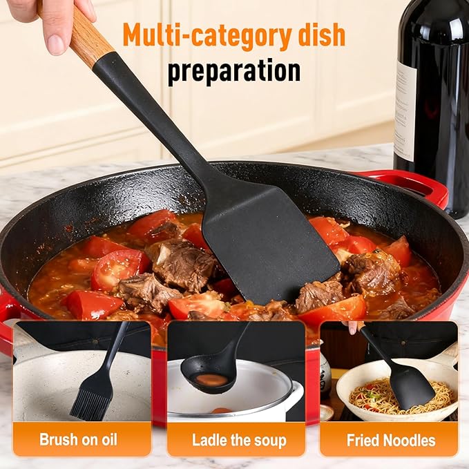 Multifunction Spatula Cooking Spoon, 2025 New Silicone Nonstick Pan Cooking Spoon, Matte Kitchen Silicone Utensil for Cooking Serving Stirring Scooping Scraping (Black 2pcs)