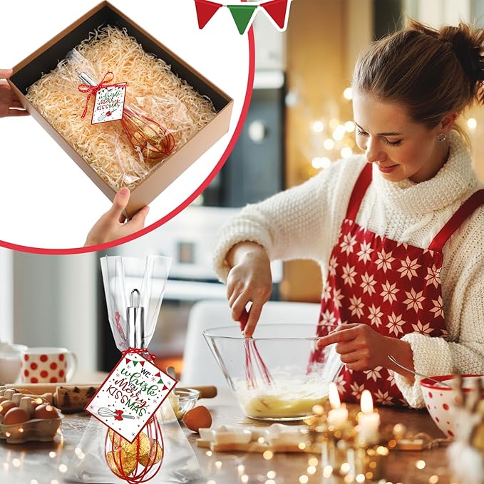 Zhehao 6 Sets 10 Inch Christmas Whisk Baking Gifts Sets Includes Stainless Steel Whisk Greeting Cards Ribbon and Plastic Bags for Neighbor Family Cooking Supplies Christmas Stocking Stuffers Ideas
