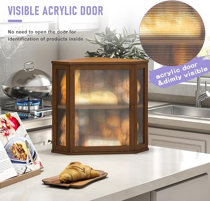 Corner Bread box for Kitchen Countertop,Farmhouse Bread Box with Acrylic Wavy Door Panel,Large Bread box for kitchen countertop,Kitchen Countertop Food Storage Container (Brown, Extra Large)