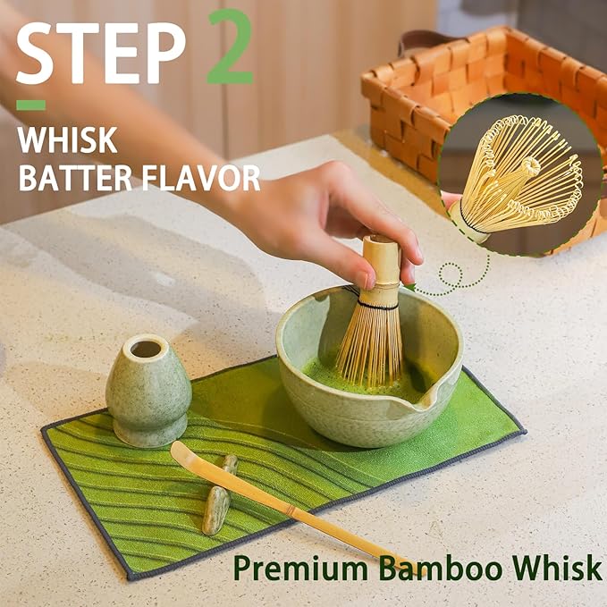 Matcha Whisk Set, 7 Pcs Matcha Set Includes Matcha Bowl with Spout, Bamboo Whisk, Holder, Stainless Sifter, Scoop and Rest, Rest, Tea Towel - Japanese Matcha Kit for Matcha Lovers, Family/Friend