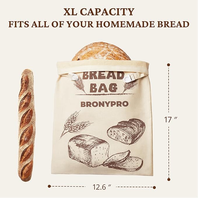 BRONYPRO Beeswax Linen Bread Bags for Sourdough, 2 Pack XL Reusable Waxed Bags for Homemade Bread Rounds, Breathable Sourdough Loaf Storage, Eco-friendly & Long-latsing, Beige
