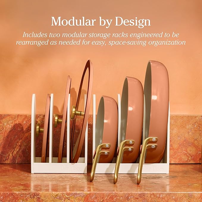 Our Place 8-Piece Essentials Complete Cookware Set - Ceramic Fry Pan Trio & Modular Rack Storage | Nontoxic Thermakind™ Nonstick, Oven Safe up to 450°F & Compatible with All Cooktops | Terracotta