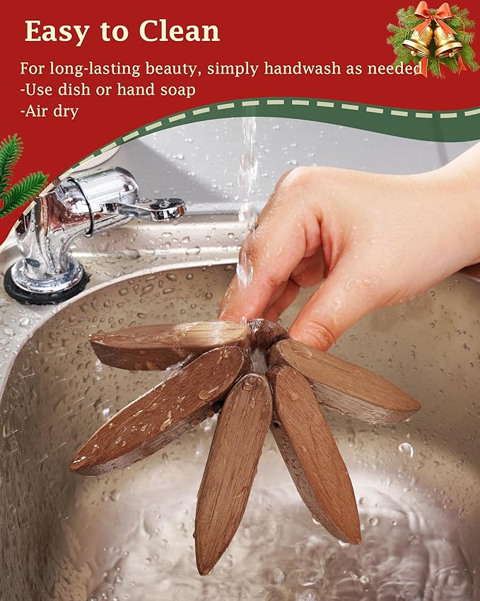 Wooden Trivets Tree for Hot Dishes, Set of 4 Wood Coaster for Hot Pots and Pans, Christmas Kitchen Decor for Family Members, 8 in Tree Shaped Wooden Pot Holders with Stand, 4PCS Dark Walunt