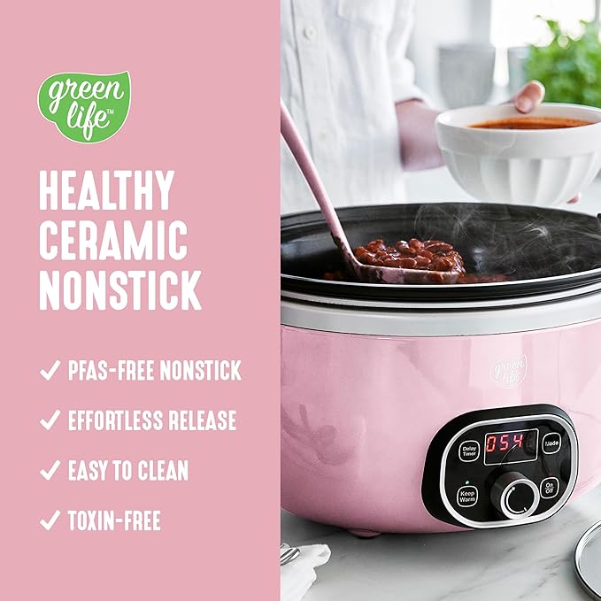 GreenLife 6QT Slow Cooker, Non-Toxic PFAS-Free Ceramic Nonstick Removable Interior Bowl, Programmable, Family Friendly, Keep Warm, Stovetop & Oven Safe, Dishwasher Safe Crock, Timer, Glass Lid, Pink