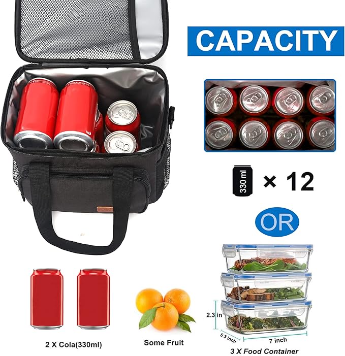 Femuar Reusable Lunch Box for Men/Women - Insulated Lunch Bag Leakproof Lunchbox for Work Office Picnic Beach - Freezable Lunch Cooler Bag with Adjustable Shoulder Strap - Black