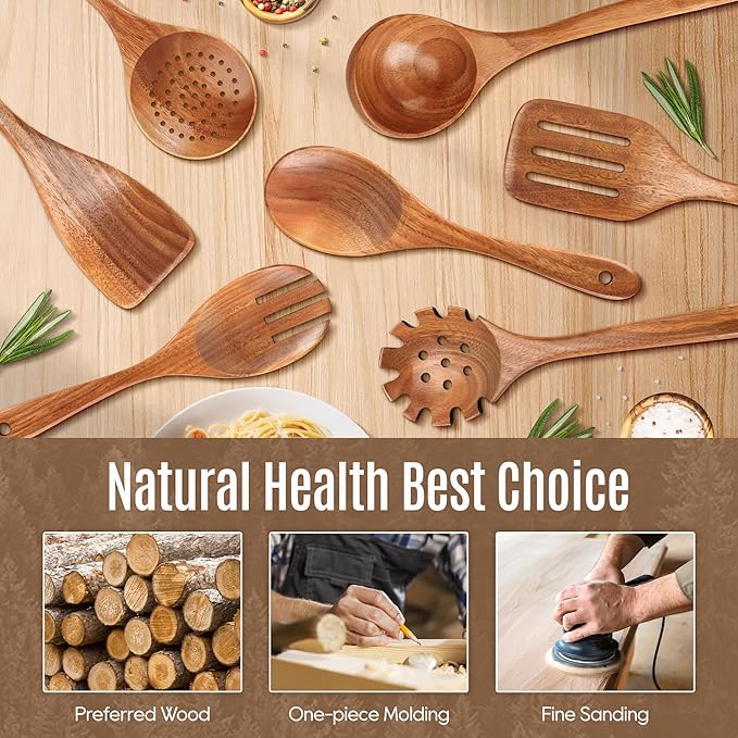 7 PCS Wooden Spoons for Cooking Natural Teak Kitchen Utensils Smooth Non-Stick Surface Cooking Utensils Set Soft Comfort-Grip Wooden Utensils for Cooking