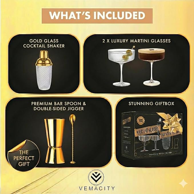 VEMACITY - Luxury Gold Cocktail Shaker Set - 15oz Glass Shaker with Strainer + 2 Gold-Rim Ribbed Martini Glasses (10oz) & Bar Tools | Espresso Martini Glasses | Ideal for Christmas & New Years