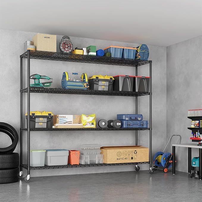 Karl home 4-Tier Adjustable Metal Storage Shelves, Wire Shelving Unit with Wheels & Leveling Feet, Heavy Duty Garage Shelving, Pantry & Kitchen Display Shelf Organizer, Home Storage Rack