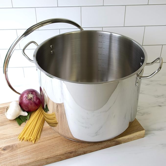 Camerons 20 Quart Stock Pot with Lid - Tri-ply 18/10 Professional Grade Induction Ready Stainless Steel Sauce Pot w/Handles - Stick Resistant Interior- Great for Cooking Thanksgiving Turkey Dinner