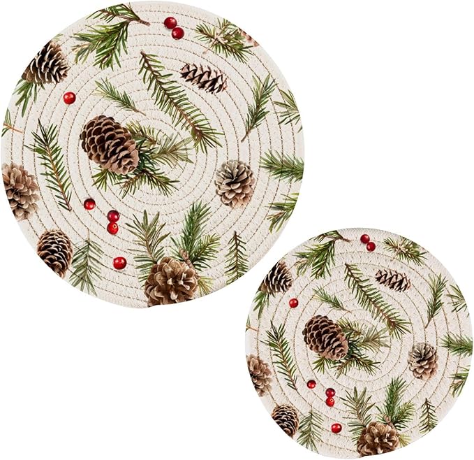 Pine Cones Branches Kitchen Trivets Pot Holders Set of 2, Trivets for Hot Pots Dishes Woven Trivet Coaster Pad Mat for Counter