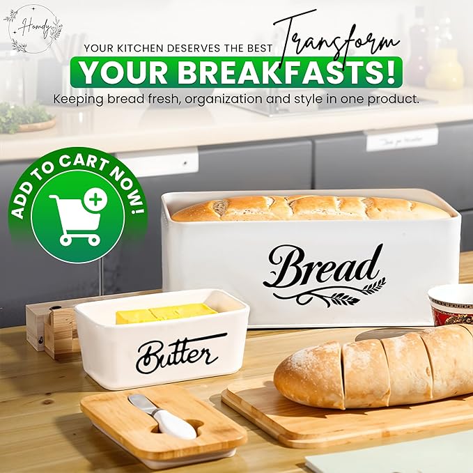 Bread Box for Kitchen Countertop, Bamboo Bread Bin with Cutting Board Lid, Ceramic Butter Dish with Lid & Knife, Bread Holder for Homemade Bread, Bread Storage, White Bread Box
