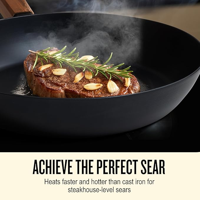 Alva Forest 11" Carbon Steel Frying Pan – Naturally Nonstick, Pre-Seasoned, with Acacia Wood Handle, Made Without PTFE, PFOA, PFAS – Sustainable Belgian Design, Induction & All-Stovetop Safe