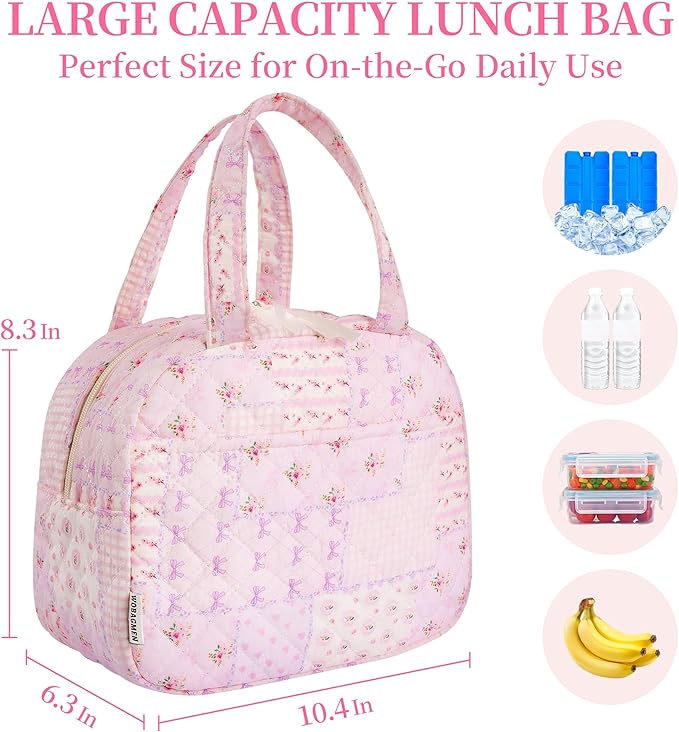 Quilted Lunch Box for Women,Cute Purple Patchwork Lunch Bags for Work, School,Office,Picnic,Travel(purple pin)
