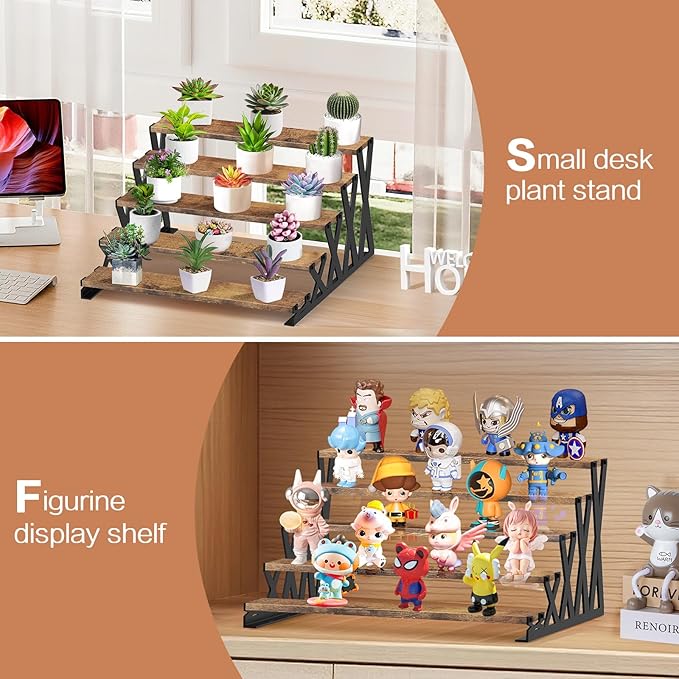 KALYLOC 5 Tier Wooden Display Riser Stand 13.8 Inch Metal Step Cologne Stand Perfume Organizer Tabletop Tiered Display Shelf Rack for Cupcake Spice Figures Cosmetics Candles (Brown, X-Shape)
