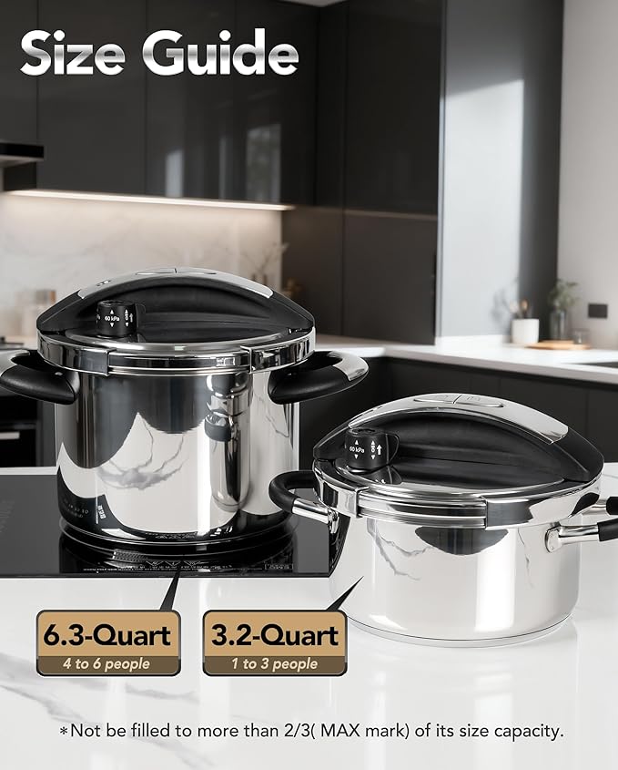 MICHELANGELO Small Pressure Cooker Stainless Steel, 3.2 Quart Olla de Presion, One-Hand Locking System, Induction Compatible, with Glass Lid & Steamer