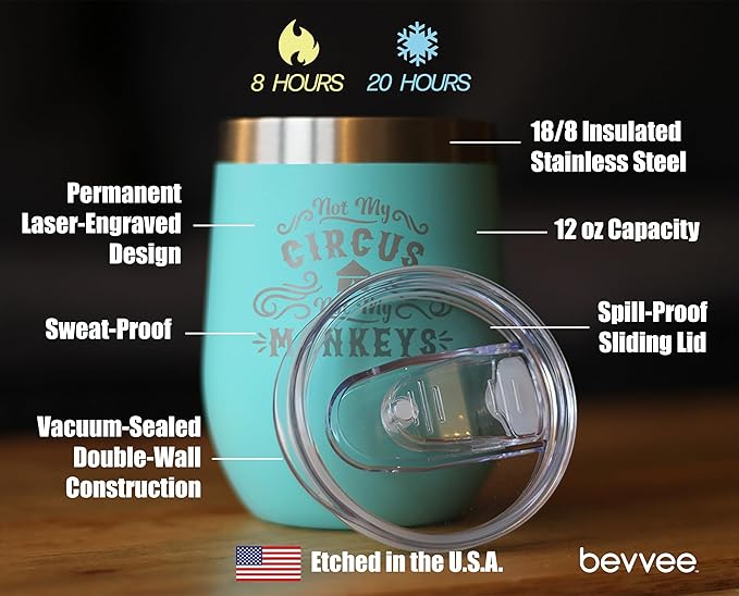 Bevvee Not My Circus Not My Monkeys - Wine Tumbler with Sliding Lid - Stemless Stainless Steel Insulated Cup - Funny Retirement Gifts - Teal