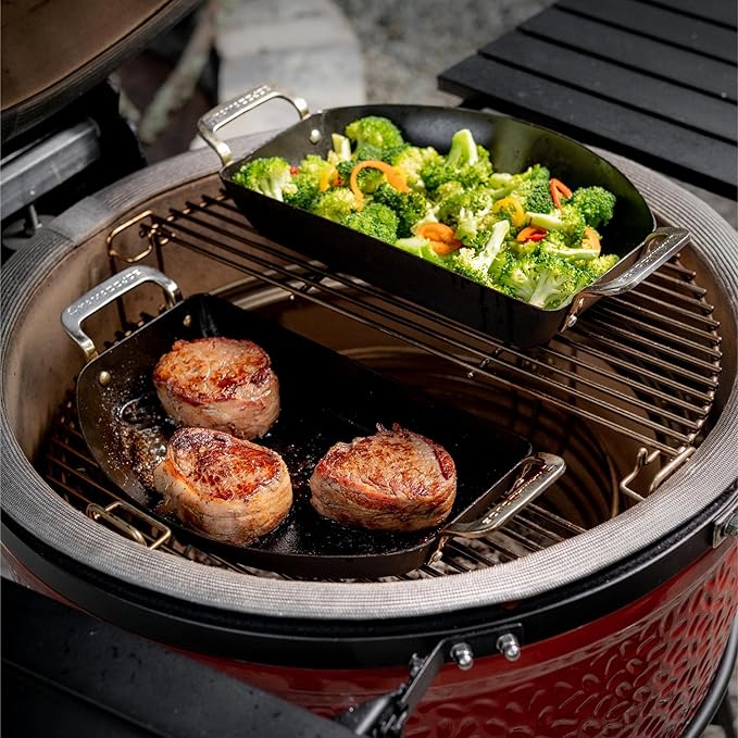 Kamado Joe Karbon Steel Pre-Seasoned Carbon Steel Non-Stick Half-Moon Pans with One Solid Pan and One Perforated Pan for Classic Joe and Big Joe Kamado Grills, Model KJ15124822
