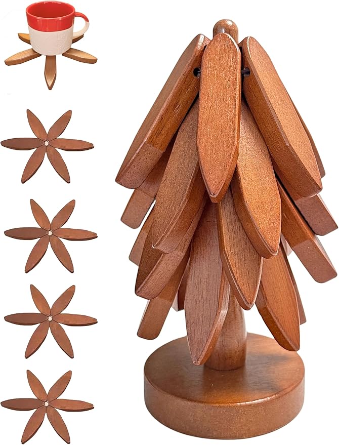 Wooden Trivets for Hot Dishes Mat Coasters Pot Plate Bowl Teapot for Kitchen Natural Foldable Stackable Christmas Tree Black Walnut Set of 4