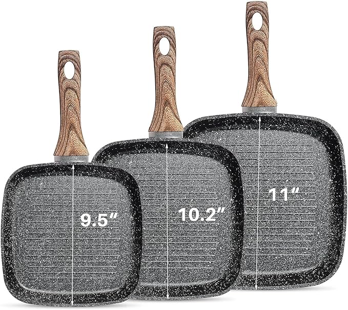 3 Pieces Nonstick Grill Pan Set – Square Griddle Pans with Wooden Handle, Compatible with All Stovetops, Perfect for Steak, BBQ, Vegetables (9.5", 10.2", 11") Deep Black