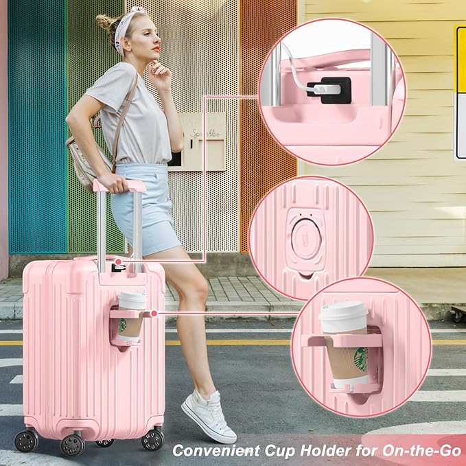 Krute 28 inch Luggage with Cup Holder Checked Suitcases with Charging Port TSA Approved PC+ABS Hardside Luggages