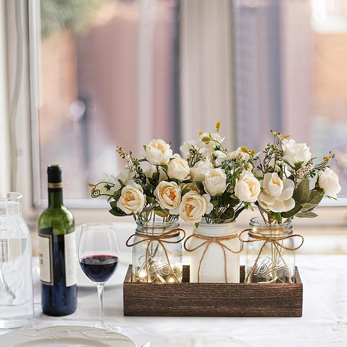 3 Pcs Mason Jar Centerpiece Table Decorations for Dining Table Decor Farmhouse Coffee Table Decor with Wood Tray and Led Light Table Centerpieces for Dining room Kitchen Living Bathroom,White