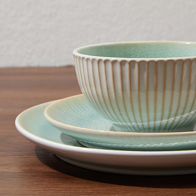 Stoneware Dinnerware Sets, Round Reactive Glaze Ceramic Plates and Bowls Set, Dishwasher & Microwave Safe Dishes Set, Distinctive Granulated Surface Service for 4 (12pc)