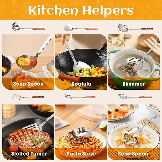 FJNATINH Wok Utensils - Wok Spatula, Soup Ladle, Skimmer, Spaghetti Server, Slotted Turner and Solid Spoon, Stainless Steel Cooking Utensils, Set 6 PCS
