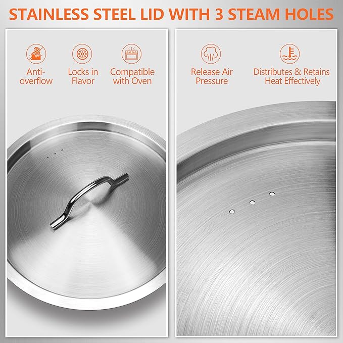 Stock Pot 20 Quart - Stainless Steel Stock Pot with Lid – Heavy-Duty Cooking Pot for Soup, Stew, Pasta – Commercial & Home Use, Induction Compatible - 5 Gallon